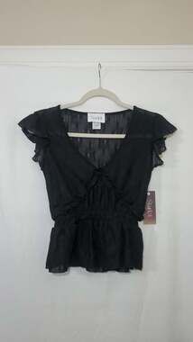 Starlet Black Ruffle V-Neck Flutter Sleeve Peplum Top Size XS